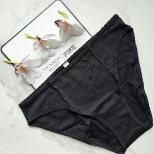 NWT PINK VICTORIA'S SECRET COTTON HEART POINTELLE BIKINI PANTY IN PURE BLACK MED